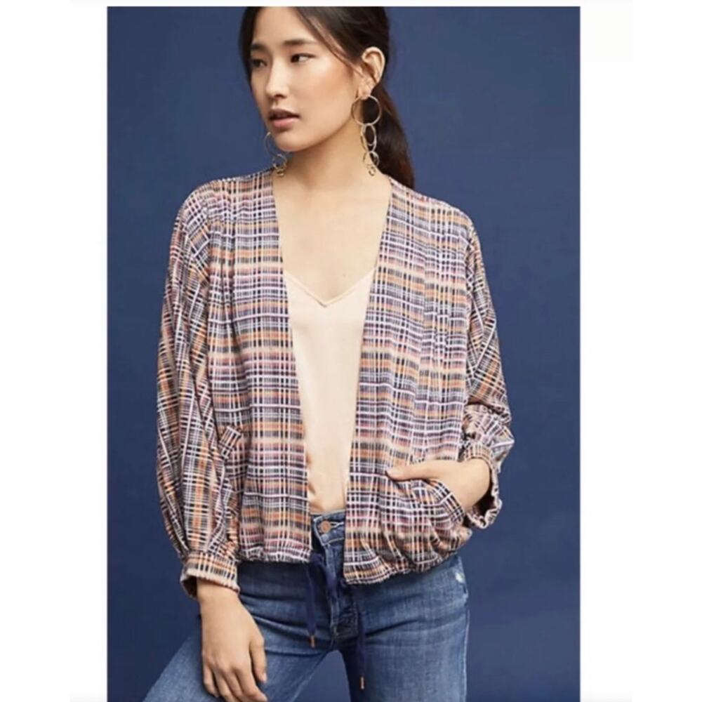 Akimi + Kin Anthropologie Jacquard Plaid Multi Batwing Open Jacket Cardigan M